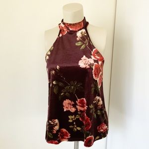 Papermoon | Sleeveless High Neck Halter Floral Print Velvet Blouse